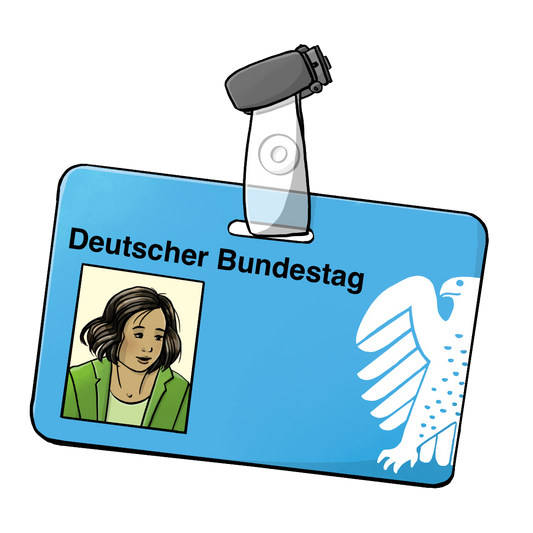 Ein blauer Ausweis zum Anheften mit der Aufschrift: Deutscher Bundestag. Auf dem Ausweis ist ein weißer Adler und das Bild von einer Frau. 