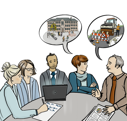 Männer und Frauen sitzen an einem Tisch. Alle sind förmlich gekleidet. Auf dem Tisch sind Papiere und ein Laptop. Über dem Bild sind zwei Sprechblasen. In der einen Sprechblase ist eine Schule. In der anderen Sprechblase ist eine Baustelle.