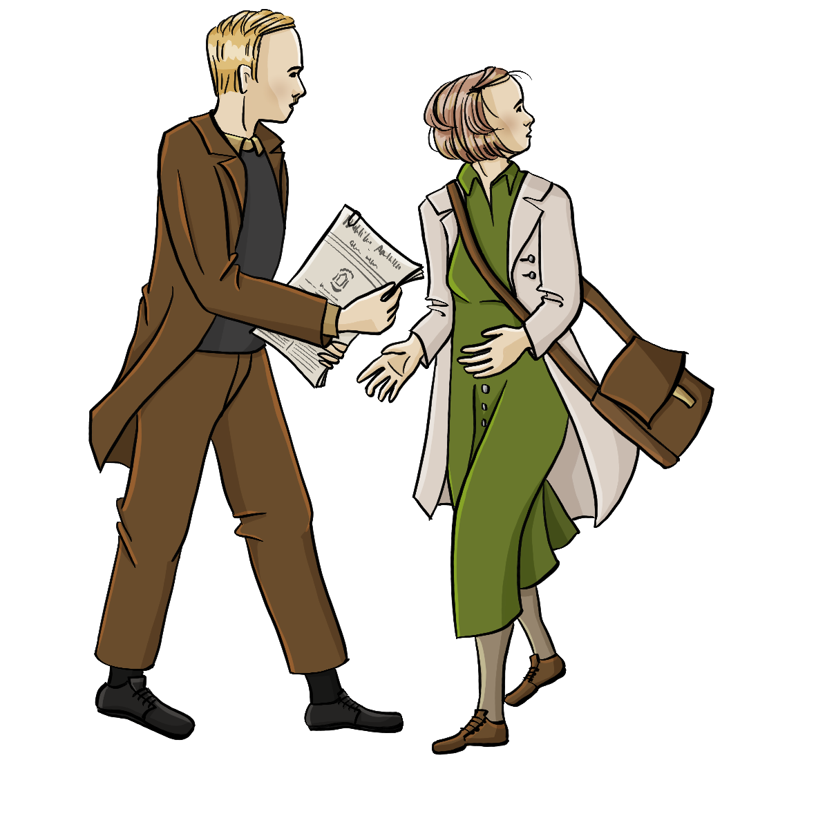 Ein Mann gibt einer Frau einen Stapel Blätter. Beide tragen Kleidung im Stil der 30er Jahre. 