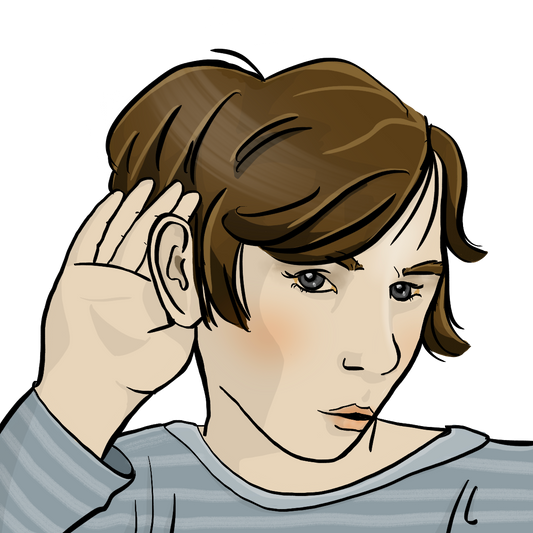 Eine Frau hält sich die Hand hinters Ohr.