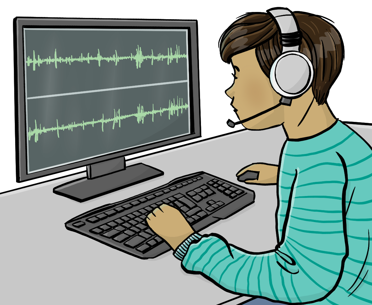Eine Person mit Headset sitzt vor einem Computer. Auf dem Bildschirm sieht man eine Audio-Spur. 