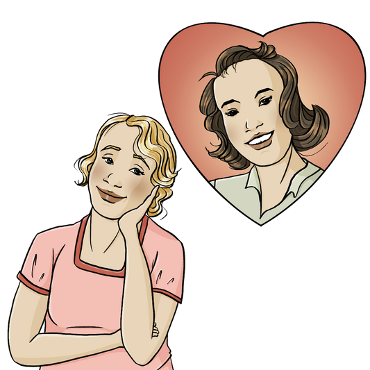 Eine Frau in Kleidung der 30er Jahre. Sie lächelt. Neben ihr ist ein Herz mit dem Gesicht einer anderen Frau.