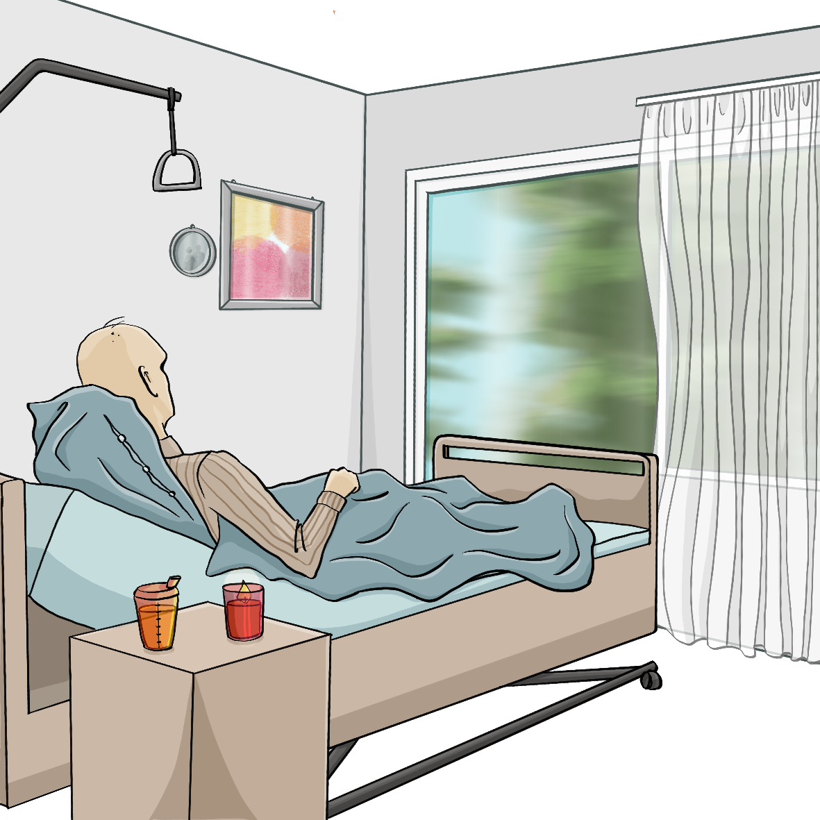 Ein alter Mann liegt in einem Pflegebett und schaut durch ein großes Fenster ins Grüne. 