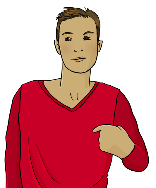 Ein Mann zeigt mit dem Finger auf sich selbst.
