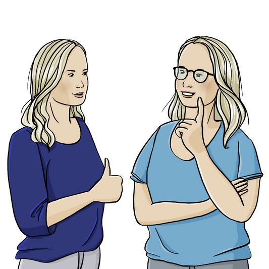 Zwei Frauen. Die eine Frau streckt den Daumen nach oben, die andere hat den Zeigefinger an die Wange gelegt.