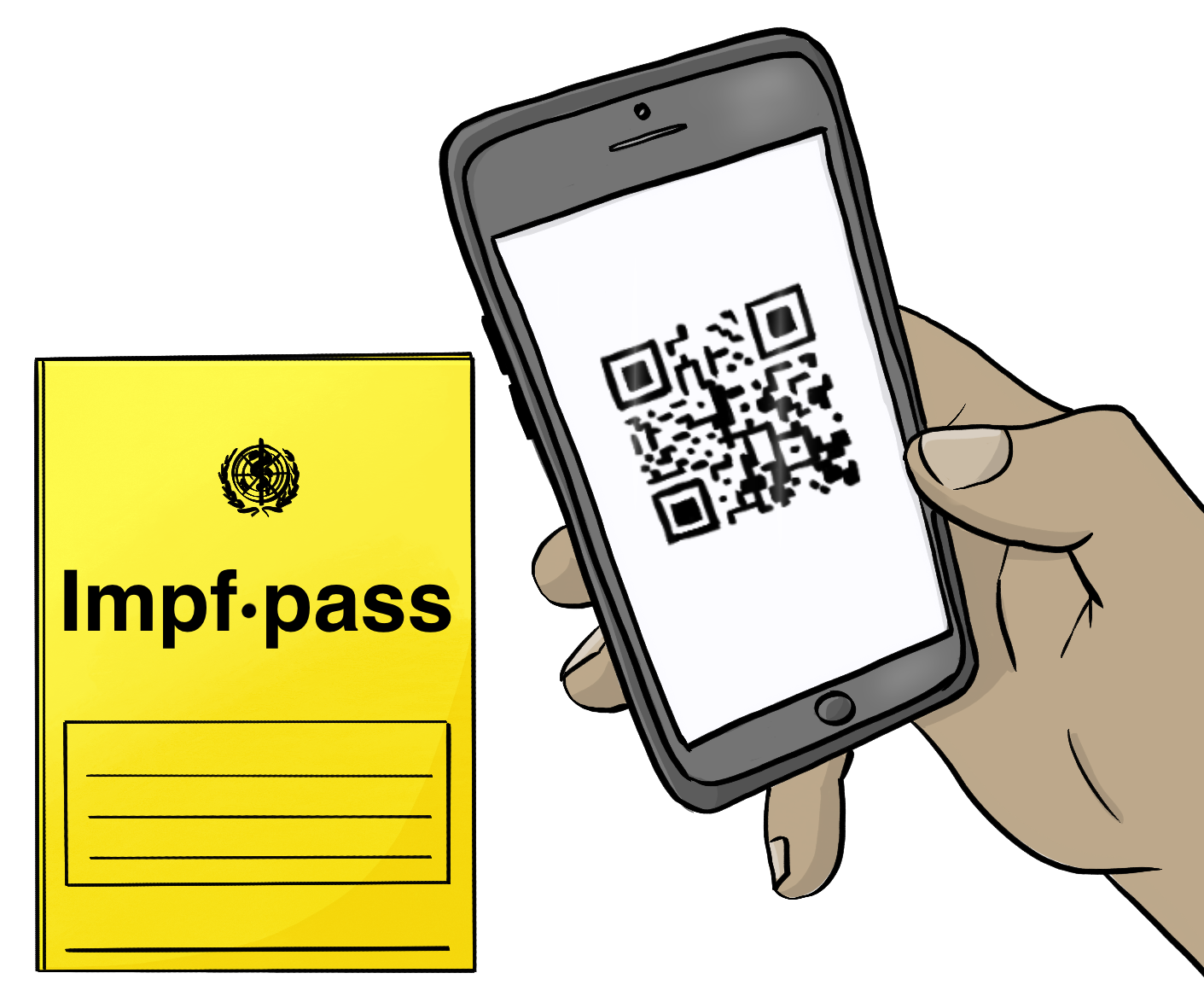 Ein kleines gelbes Heft mit der Aufschrift: Impf·pass. Eine Hand hält ein Smartphone vor das Heft. Auf dem Bildschirm ist ein QR-Code. 