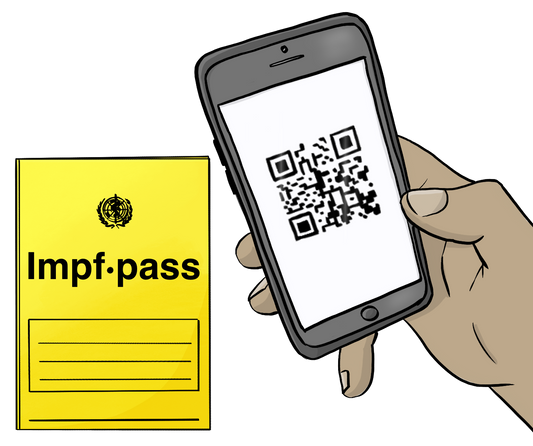 Ein kleines gelbes Heft mit der Aufschrift: Impf·pass. Eine Hand hält ein Smartphone vor das Heft. Auf dem Bildschirm ist ein QR-Code.