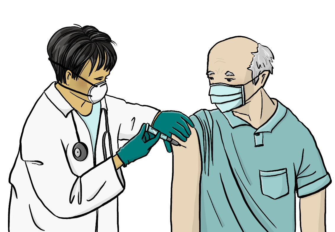 Eine Ärztin impft einen älteren Mann. Beide tragen Mundschutz. 