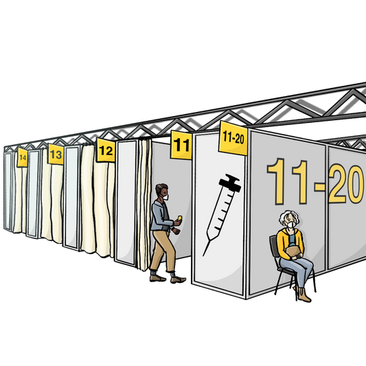 Mehrere Kabinen mit Nummern und Vorhängen. Auf einer Kabine ist das Bild von einer großen Spritze. Ein Mann geht in eine Kabine hinein. Eine Frau wartet auf einem Stuhl.