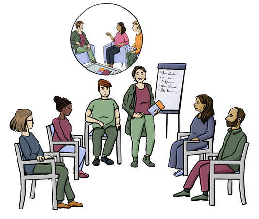 Mehrere Menschen sitzen im Stuhlkreis. n der Mitte steht eine Frau neben einer Flipchart. Sie hält ein Infoheft in der Hand. Über dem Bild ist ein Kreis. Im Kreis ist ein Bild von einer Beratungssituation.