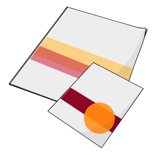 Zwei Hefte mit bunten grafischen Elementen.