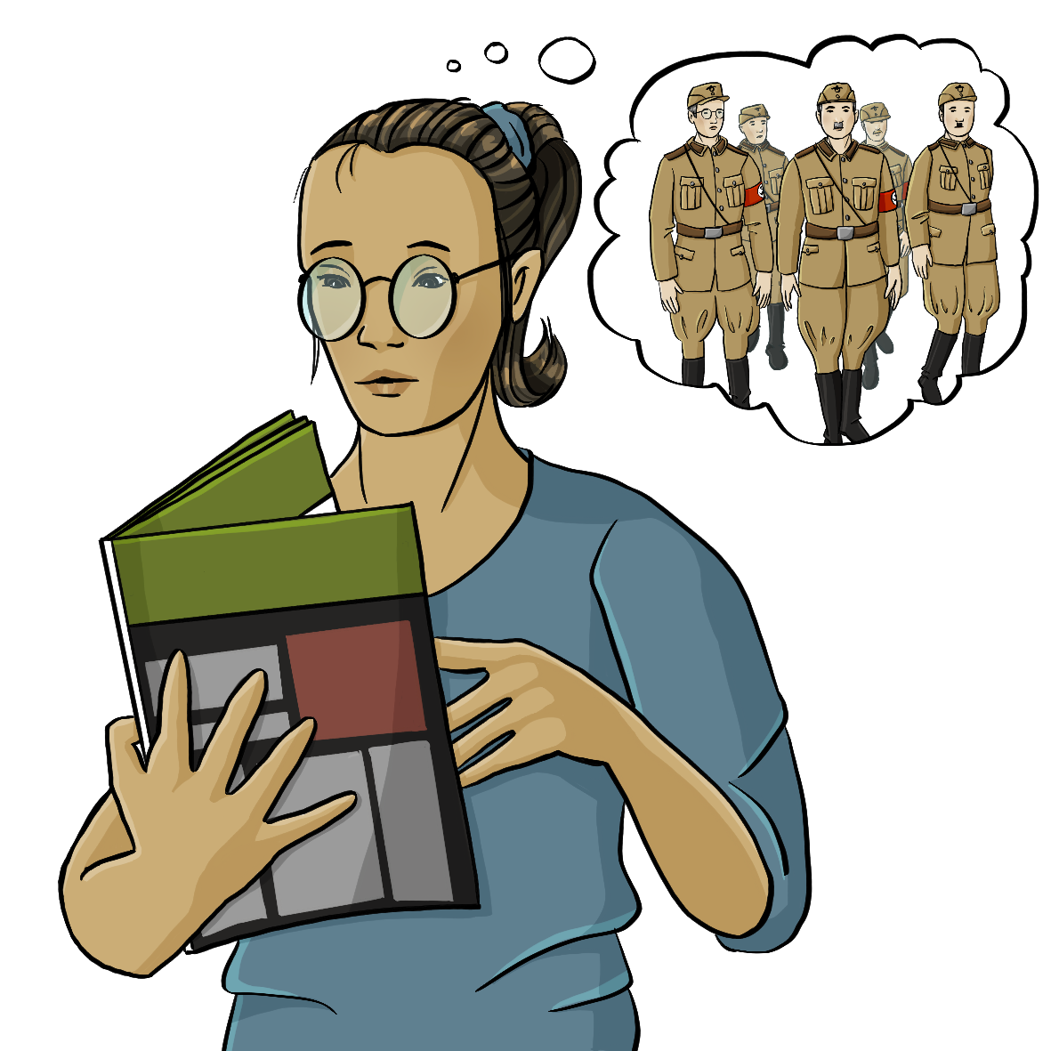 Eine Frau liest in einem Infoheft. Neben ihr ist eine Denkblase. In der Denkblase sind Männer in der Uniform der Nationalsozialisten. 