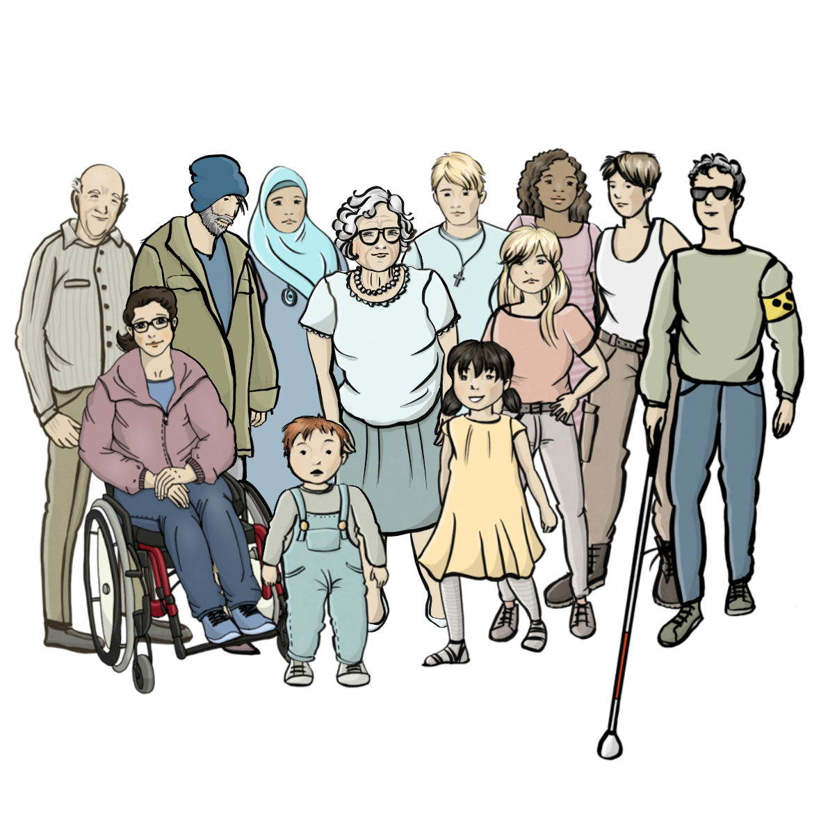 Eine Gruppe verschieden alter Menschen mit verschiedenen Hautfarben. Es sind Menschen mit und ohne Behinderungen. 