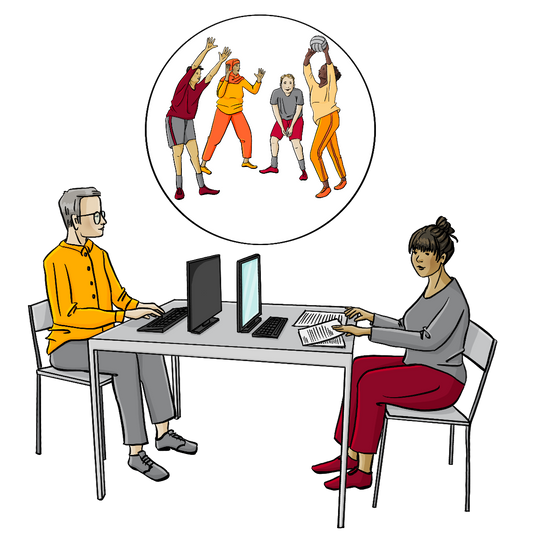 Ein Mann und eine Frau sitzen sich an Schreibtischen gegenüber. Über Ihnen ist ein Kreis mit einem Bild von Menschen mit verschiedenen Hautfarben. Sie spielen Volleyball.