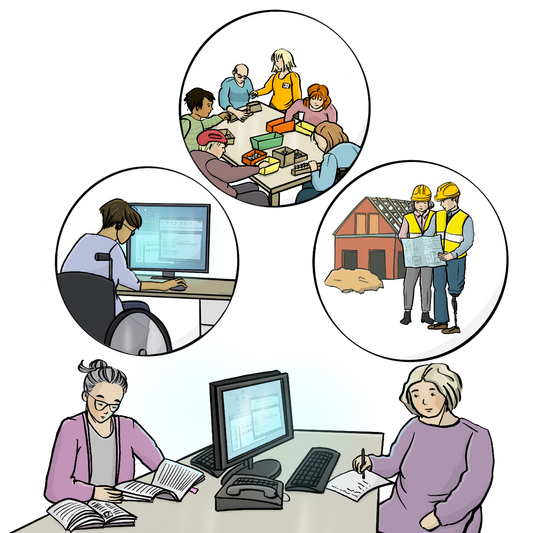 Zwei Frauen sitzen sich an Computern gegenüber. Über dem Bild sind drei Kreise. Im ersten Kreis sitzt eine Frau im Rollstuhl am Computer. Im zweiten Kreis arbeiten Menschen mit Behinderungen an einem Arbeitsplatz in der Werkstatt. Im dritten Kreis steht ein Bauingenieur mit Beinprothese mit einer Kollegin auf einer Baustelle.