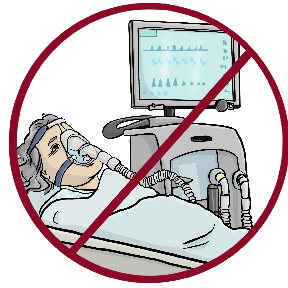 Eine ältere Frau mit Sauerstoffmaske liegt in einem Krankenhausbett. Neben dem Bett steht ein Beatmungsgerät. Das Bild ist rot durchgestrichen. 