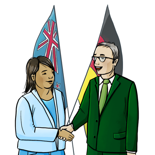 Ein Mann und eine Frau in förmlicher Kleidung reichen sich die Hand. Hinter ihnen sind die Flaggen von Neuseeland und von Deutschland.
