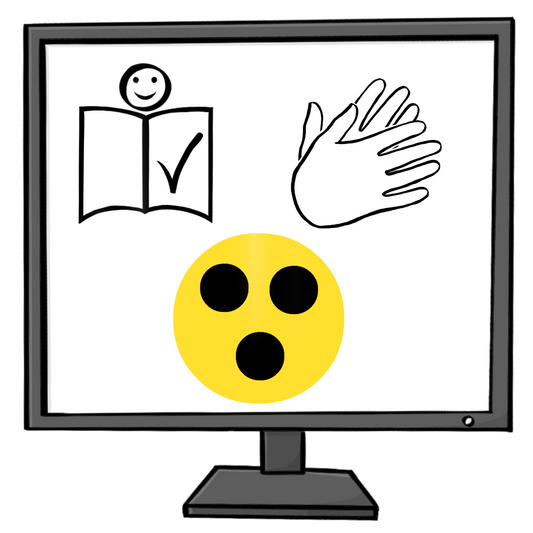Ein Computer-Bildschirm mit einem Zeichen für Leichte Sprache, einem Zeichen für Gebärdensprache und dem Symbol für Blindheit.