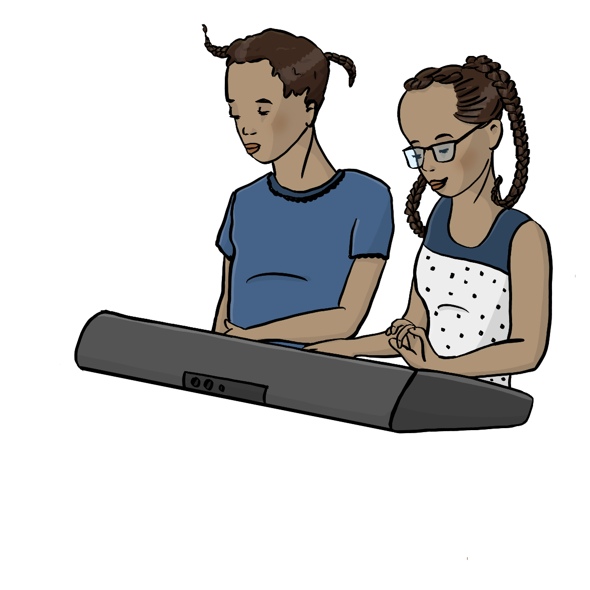 Zwei Mädchen spielen zusammen an einem elektronischen Klavier.