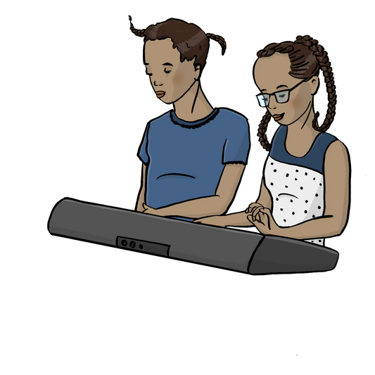 Zwei Mädchen spielen zusammen an einem elektronischen Klavier.