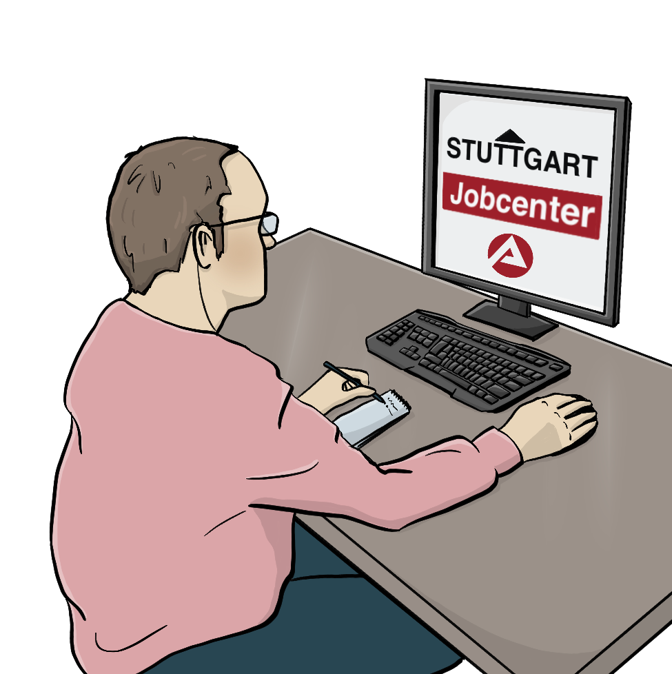 Ein Mann sitzt am Computer. Auf dem Bildschirm ist das Zeichen steht Stuttgart, Jobcenter. Darunter ist das Zeichen vom Jobcenter. 