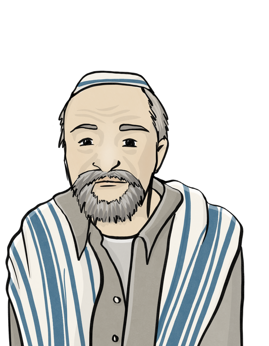 Ein älterer Mann mit Kippa und einem blau gestreiften Gebetsschal.