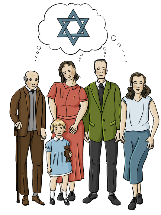 Männer und Frauen in Kleidung der dreißiger Jahre. Über ihnen ist eine Denkblase mit einem Davidstern.