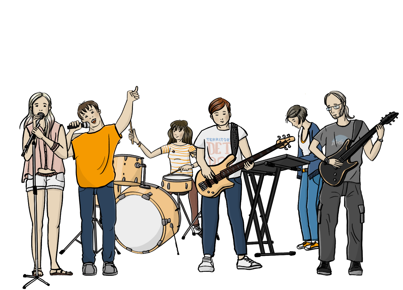 Junge Leute machen zusammen Musik: Eine Sängerin und ein Sänger, eine Schlagzeugerin, ein Gitrarrist, eine Keyboarderin und ein Bassist. 