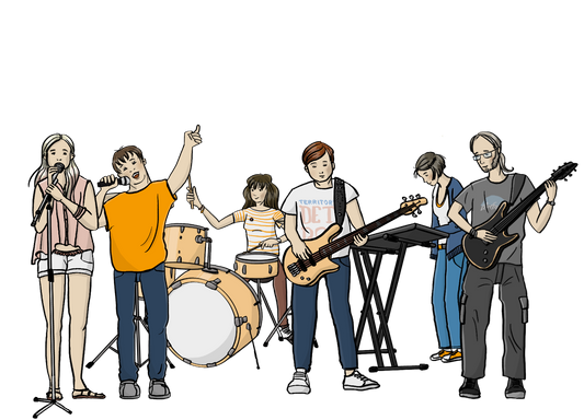 Junge Leute machen zusammen Musik: Eine Sängerin und ein Sänger, eine Schlagzeugerin, ein Gitrarrist, eine Keyboarderin und ein Bassist. 