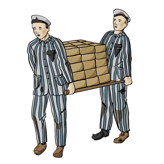 Zwei Männer in gestreifter, schmutziger Kleidung tragen eine Ladung Steine.