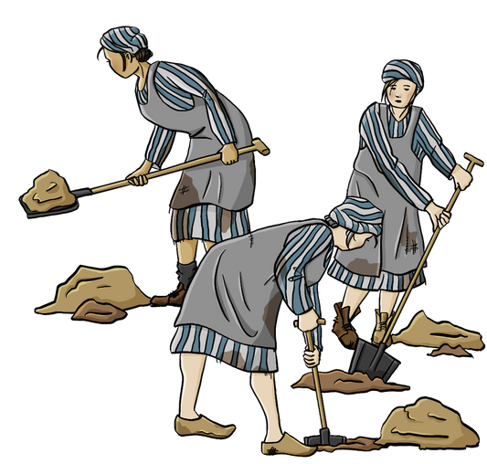 Drei Frauen in blau gestreifter Kleidung graben mit Schaufeln.