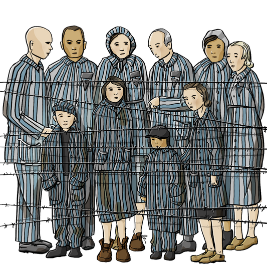 Eine Gruppe Frauen, Männer und Kinder in blau gestreifter Kleidung steht hinter einem Stacheldrahtzaun.