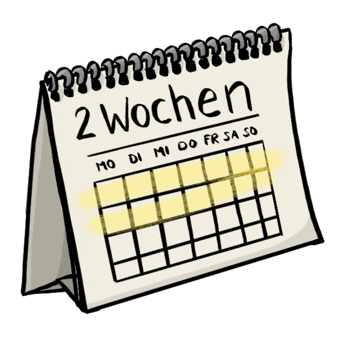 Ein Aufstell-Kalender mit der Aufschrift: 2 Wochen, Mo, Di, Mi, Do, Fr, Sa, So. Darunter sind leere Kästchen. 14 Kästchen sind gelb markiert. 