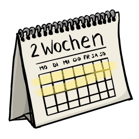 Ein Aufstell-Kalender mit der Aufschrift: 2 Wochen, Mo, Di, Mi, Do, Fr, Sa, So. Darunter sind leere Kästchen. 14 Kästchen sind gelb markiert.
