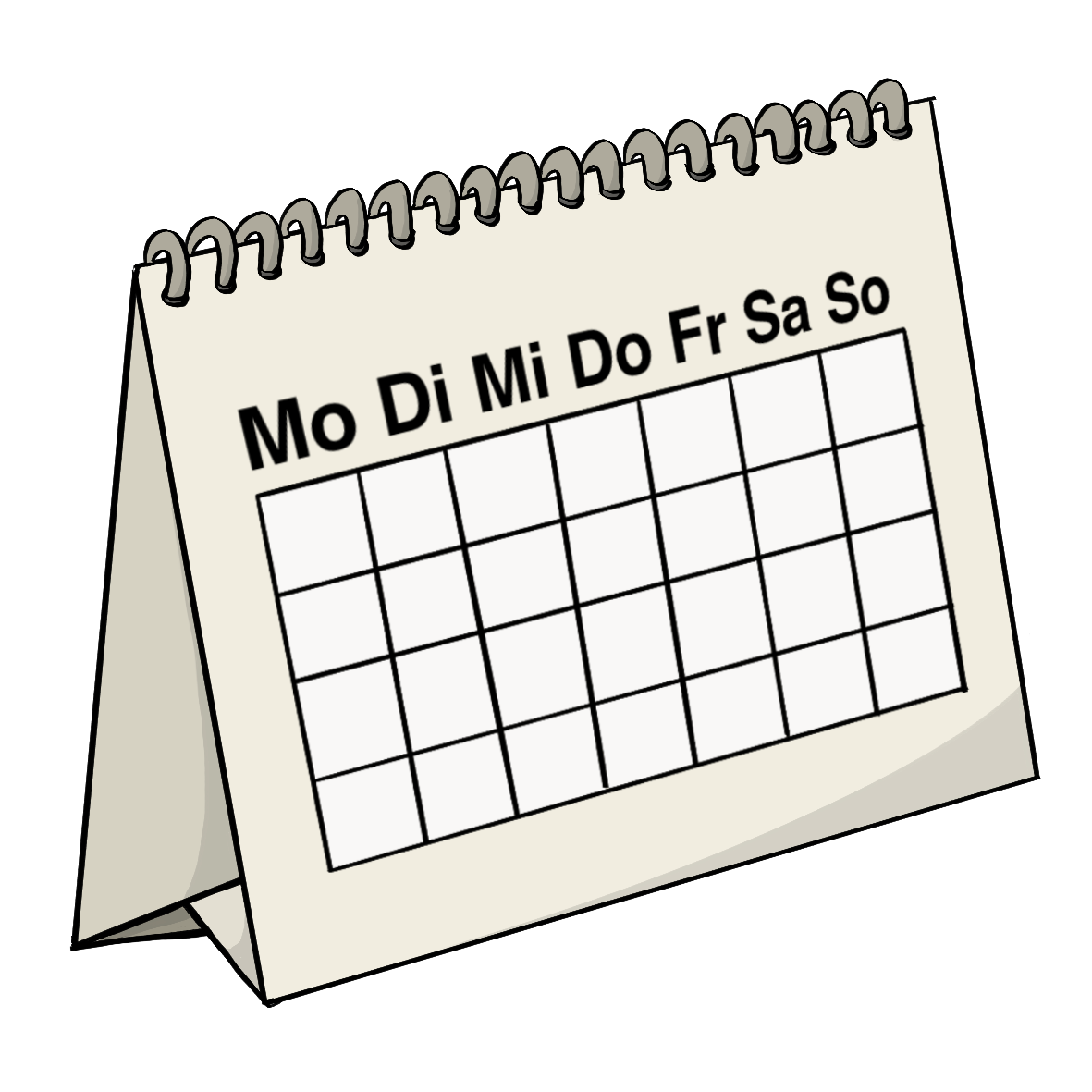Ein Aufstell-Kalender mit der Aufschrift: Mo, Di, Mi, Do, Fr, Sa, So. Darunter sind leere Kästchen. 