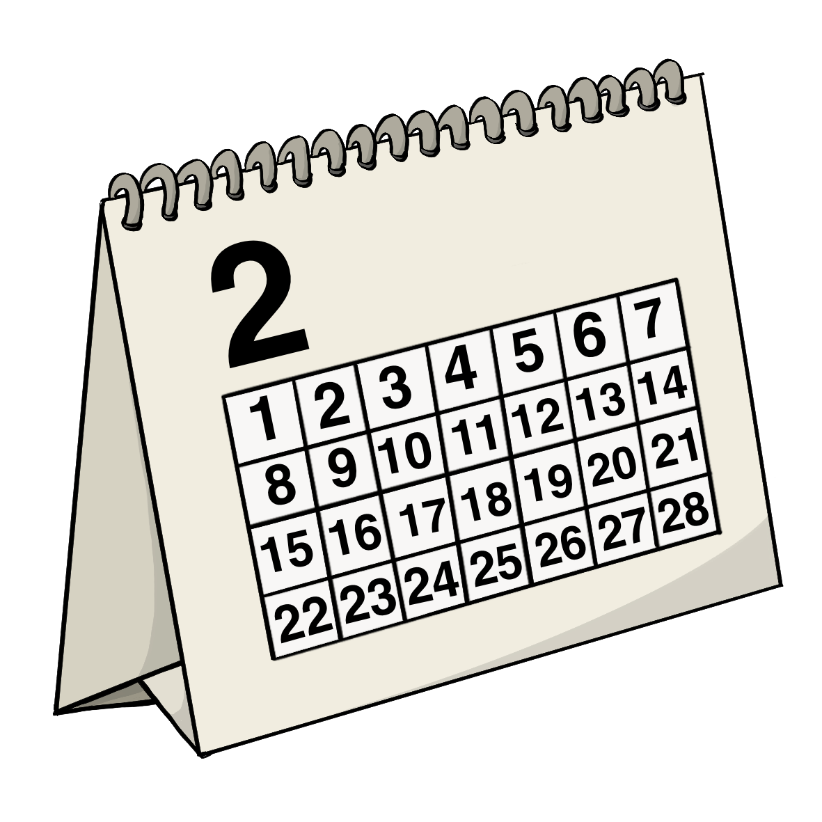 Ein Aufstell-Kalender mit der Aufschrift: 2. Darunter sind Kästchen mit den Nummern 1 bis 28. 