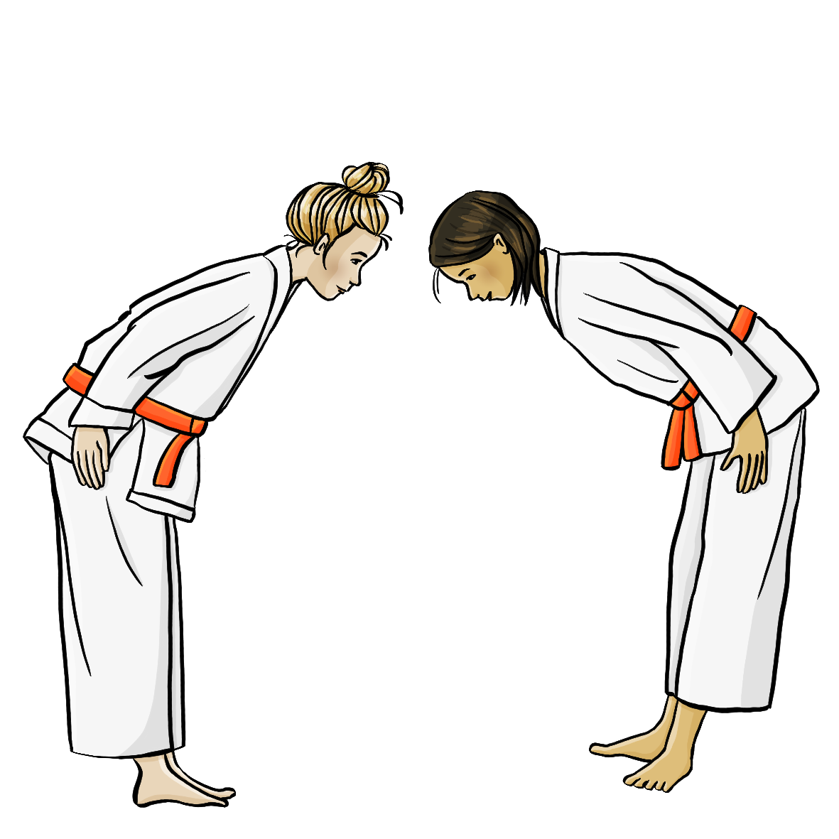 Zwei Frauen in weißer Karate-Kleidung verbeugen sich voreinander. 