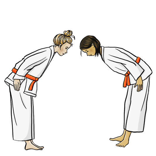 Zwei Frauen in weißer Karate-Kleidung verbeugen sich voreinander.