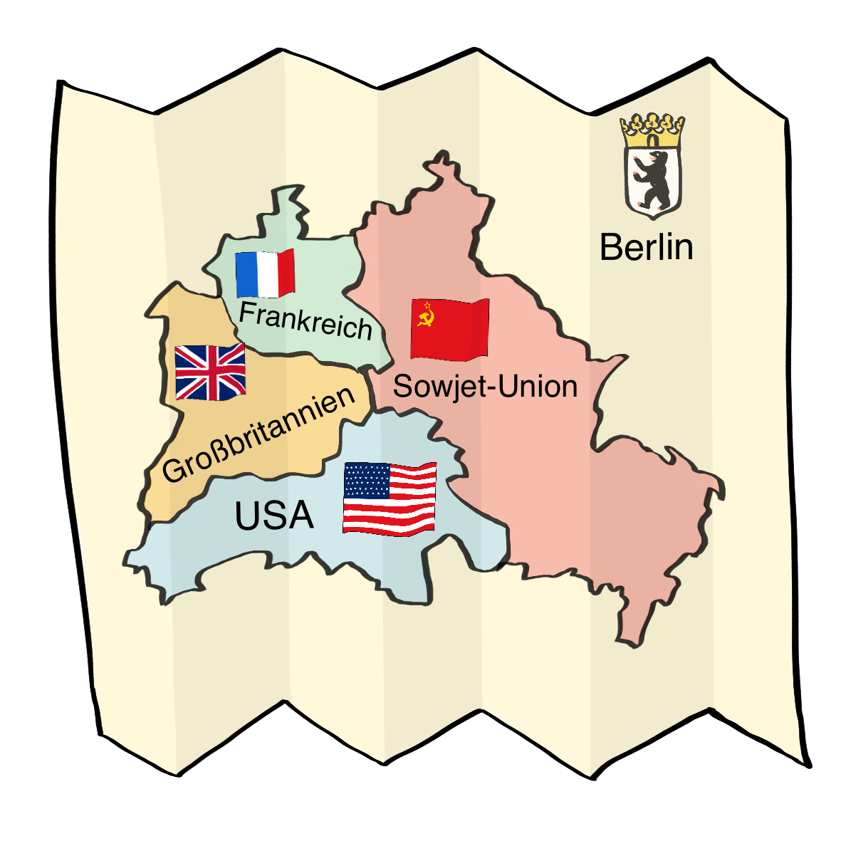Eine Karte von Berlin. Die Stadt hat vier farbige Teile. In den teilen sind die Flaggen von Frankreich, Großbritannien, USA und der Sowjet-Union. Unter den Flaggen steht der Namen des Landes. 