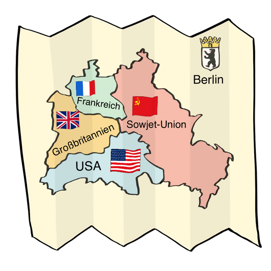 Eine Karte von Berlin. Die Stadt hat vier farbige Teile. In den teilen sind die Flaggen von Frankreich, Großbritannien, USA und der Sowjet-Union. Unter den Flaggen steht der Namen des Landes.