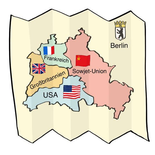 Eine Karte von Berlin. Die Stadt hat vier farbige Teile. In den teilen sind die Flaggen von Frankreich, Großbritannien, USA und der Sowjet-Union. Unter den Flaggen steht der Namen des Landes. 