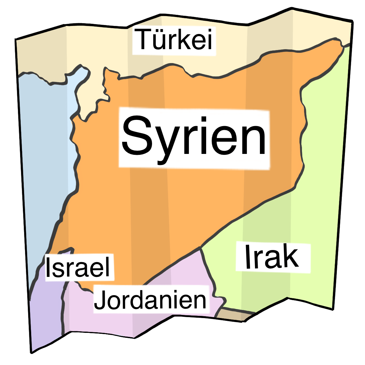 Eine Karte von Syrien und seinen Nachbarländern. Die Länder haben die Aufschrift: Syrien, Türkei, Irak, Jordanien, Israel. 