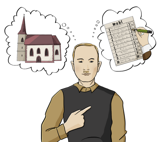 Ein Mann in Kleidung der 30er Jahre zeigt auf sich. Neben seinem Kopf sind zwei Denkblasen. In der einen Denkblase ist eine Kirche. In der anderen Denkblase ist ein Wahlzettel.