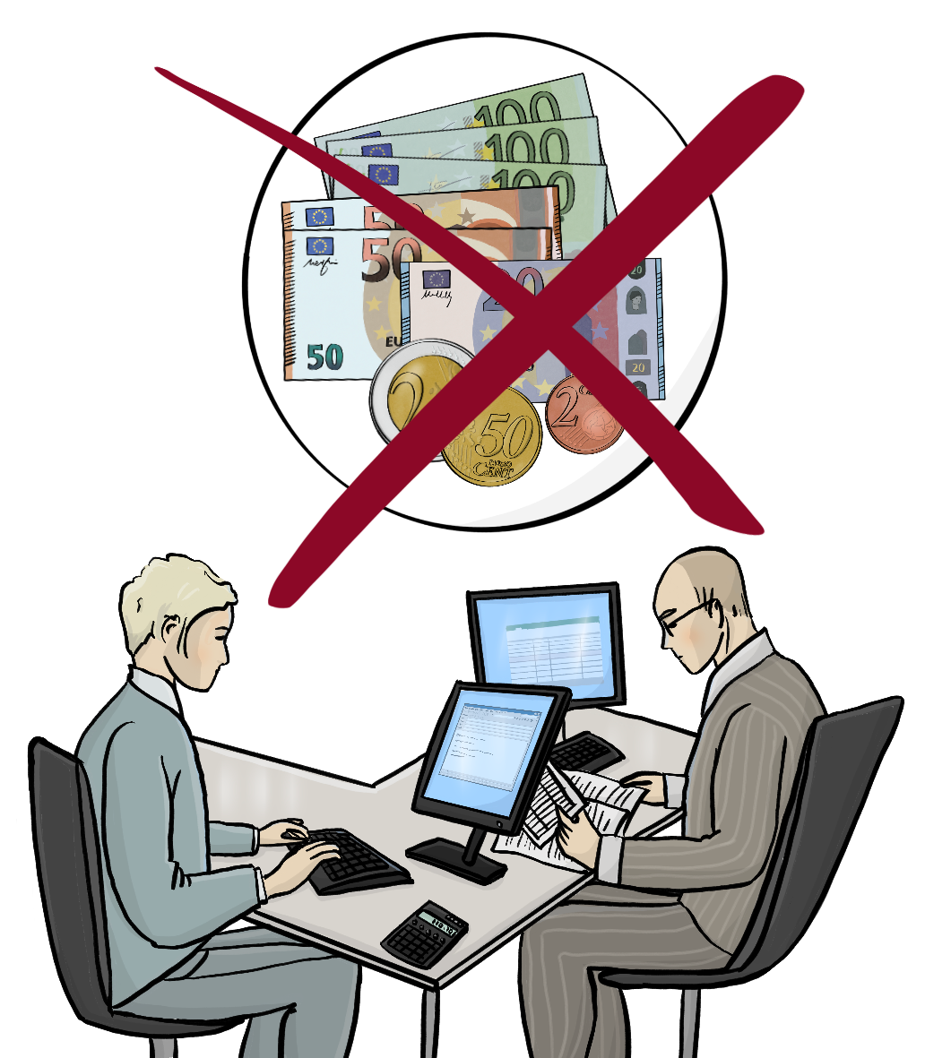 Zwei Männer sitzen sich am Schreibtisch und arbeiten am Computer. Über dem Bild ist ein Kreis mit Geld. Das Geld ist durchgestrichen. 