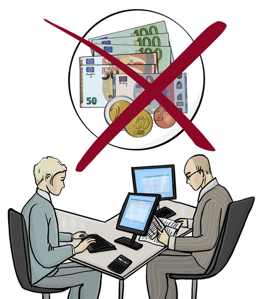 Zwei Männer sitzen sich am Schreibtisch und arbeiten am Computer. Über dem Bild ist ein Kreis mit Geld. Das Geld ist durchgestrichen.