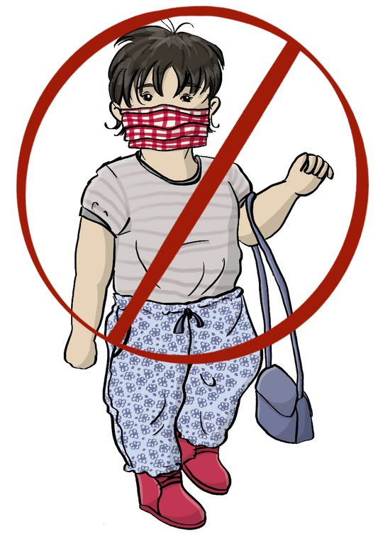 Ein Kind trägt einen Mundschutz. Das Bild ist durchgestrichen.