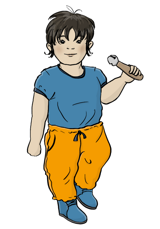 Ein Kleinkind hält ein Glöckchen in der Hand.