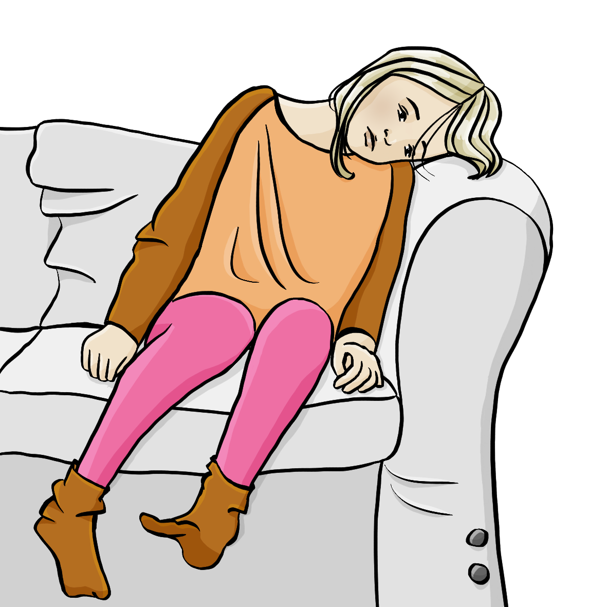 Ein Mädchen sitzt auf einem Sofa. Es sieht schlapp und müde aus. Es hat den Kopf auf die Seitenlehne vom Sofa gelehnt. 