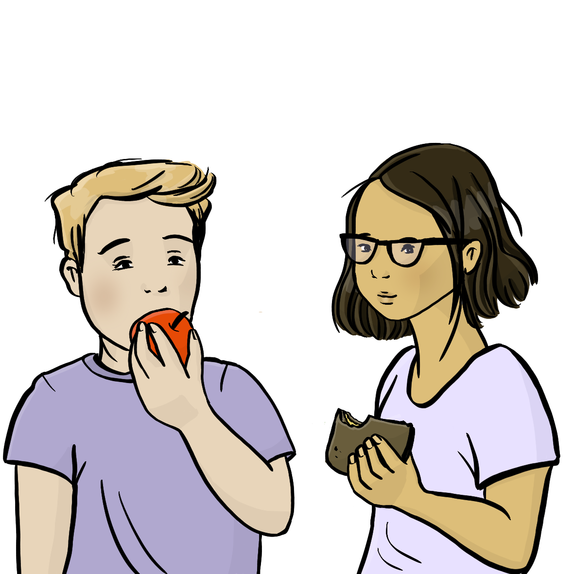 Ein Junge beißt in einen Apfel. Ein Mädchen hält ein Butterbrot in der Hand. 