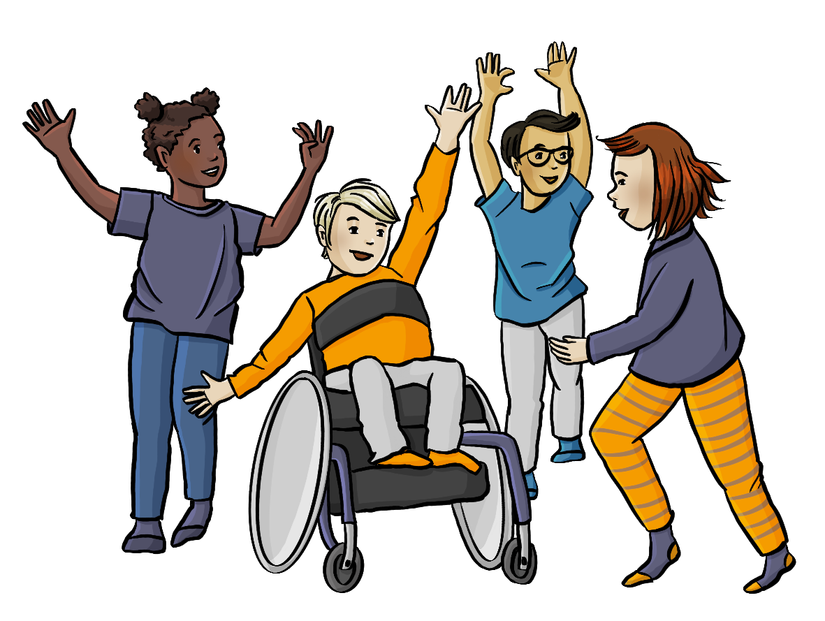 Eine Gruppe Kinder mit verschiedenen Hautfarben tanzt. Ein Junge sitzt im Rollstuhl.